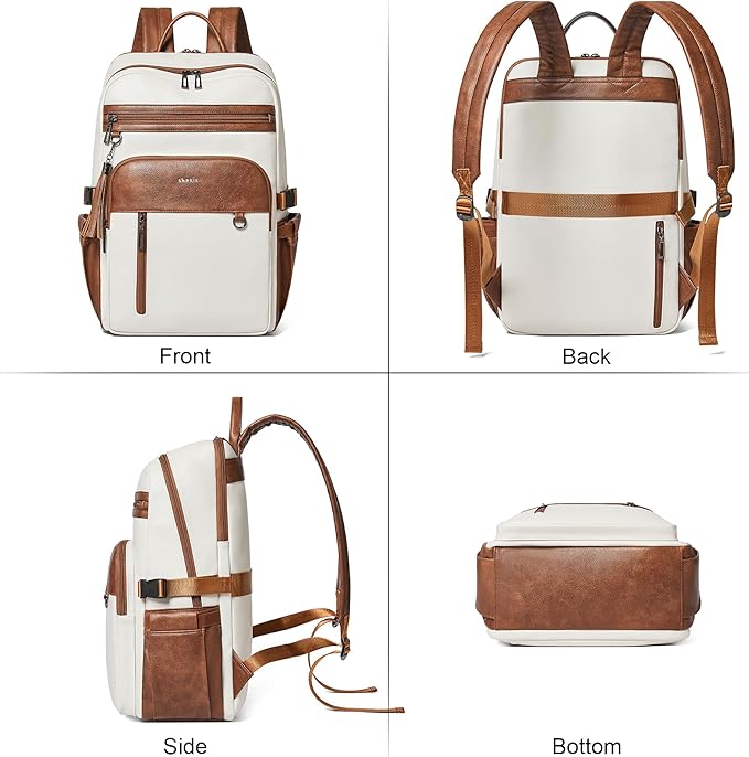 Shrrie Vegan Leather Laptop Backpack for Women,17 Inch Computer Backpack Purse for Work Business College Travel Teacher Nurse with Anti-theft Pocket & Giant Tumbler Holder Pocket,Beige with Brown