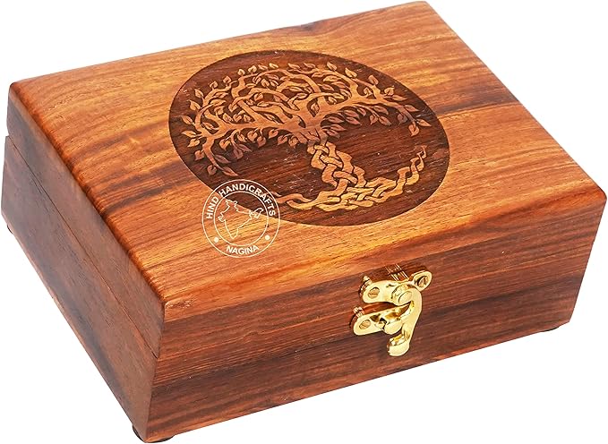 Rosewood Handmade Wooden Urn Tree of Life Engraving Handcarved Jewellery Box for Women-Men Jewel | Home Decor Accents | Decorative Boxes | Storage & Organiser (7" x 5.5" x 3.5", Tree - 5)