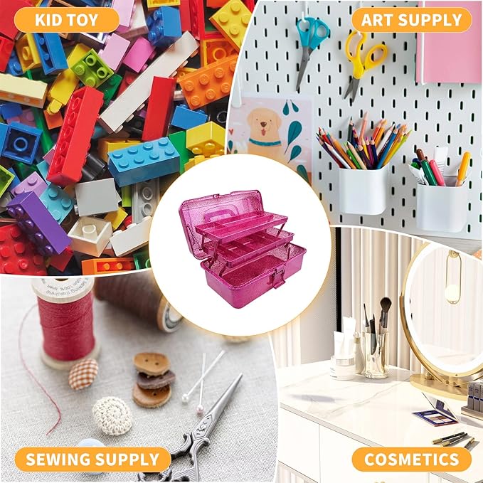 Saim Small Parts Organizer, 3-Layer Storage Box with Fixed Compartments, Ready-to-Use Portable Makeup & Hair Accessories Case, Craft Organizer for Girls Teens College Dorm - Hot Pink