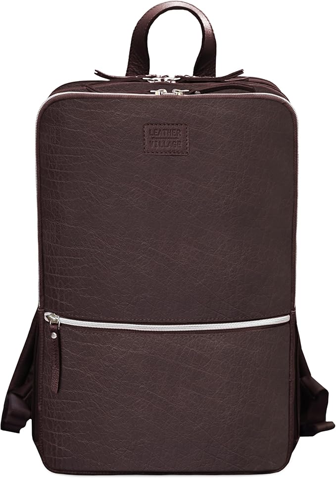 LEATHER VILLAGE Leather Laptop Backpack for Men | Chocolate Brown | Slim Professional Business Bag Fits 15.6”-Laptop | Water-Repellent Work & Travel Daypack with Trolley Strap