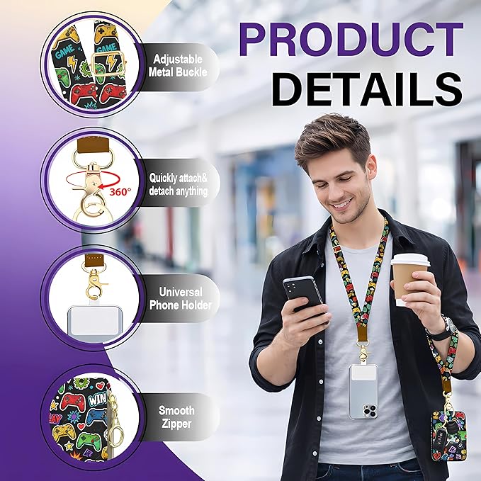 Lanyard Wallet with Id Badge Holder, Game RFID Small Keychain Wallet Women Wristlet, Pu Leather Zipper Credit Card Holder Phone Wrist Neck Strap for Key Name Tag, Teacher Office Gift