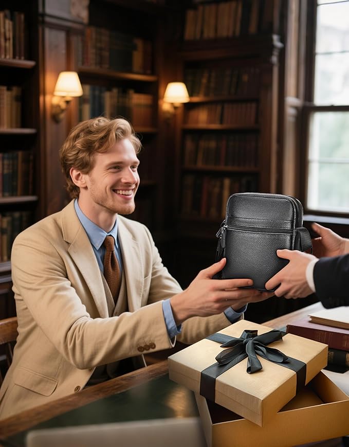 Leathario Men's Crossbody Shoulder Bag, Genuine Leather Small Messenger Satchel for Work Business Travel, Black Side Purse