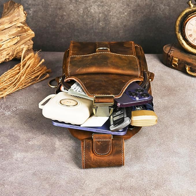 Genuine Leather Hiking Travel DayPack Sling Crossbody Triangle Chest Pack Bag For Men Women 8241 (Coffee 258204)