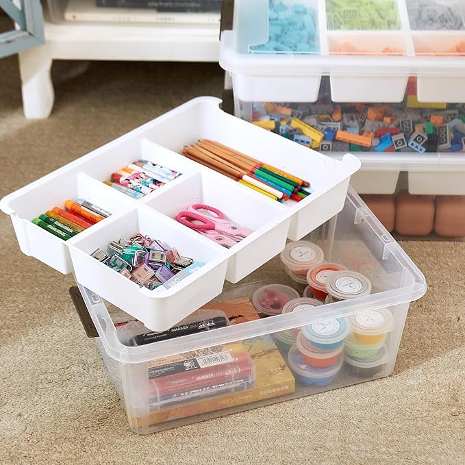 MACOPRO 17 QT Plastic Storage Box with Removable Tray, Bins with Lids, Clear Storage Container for Craft Supplies, Beads, Tools, Sewing, and Playdoh Organization (White, 1Pack-17QT)
