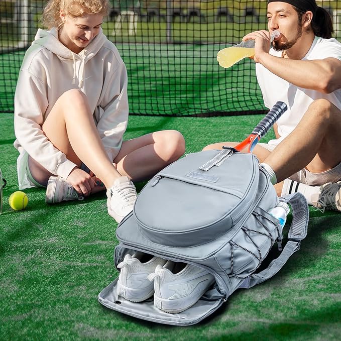 Tennis Backpack with 2 Rackets Holder, Water-Resistant PU Leather Tennis Racket Bag for Women & Men, Sling Crossbody Sports Backpack for Tennis, Pickleball & Badminton, Tennis Gifts
