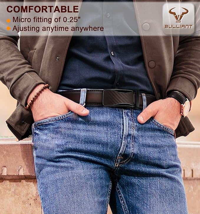 BULLIANT Mens Ratchet Belt,Leather Adjustable Slide Belt For Gift Mens Dress Casual 1 3/8",Size Adjustable