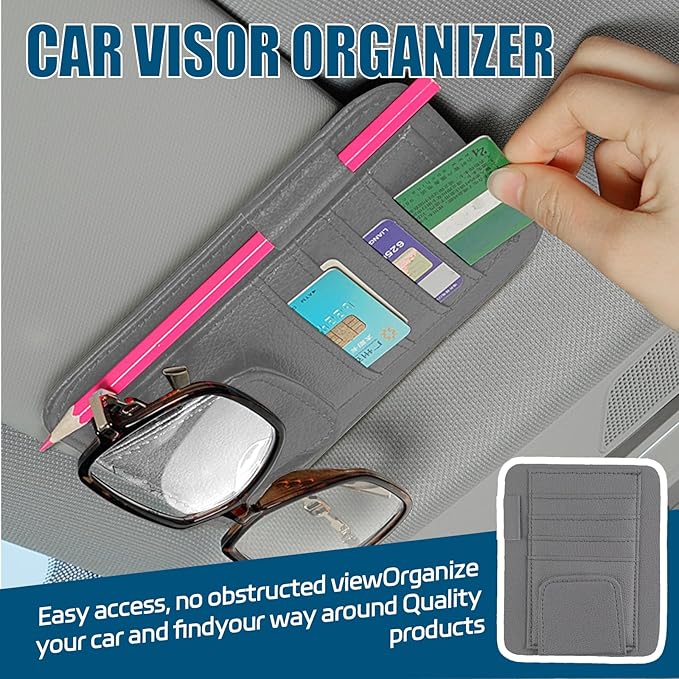 Car Sun Visor Organizer, Multi Pocket Small Vehicle Document Holder for Card Pen, Sunglasses Holder, Auto Interior Accessories Pocket Organizer for Car Truck SUV (Gray)