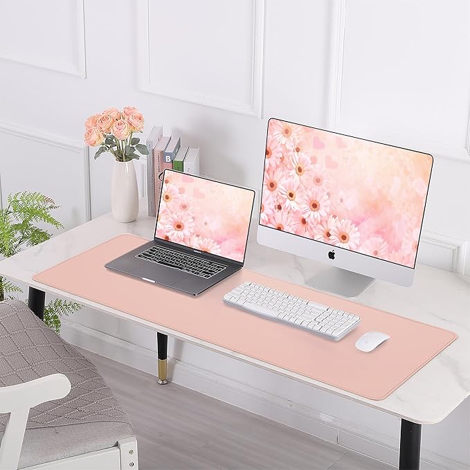AFIING Leather Desk pad Protector, Large Non-Slip Office Desk Mat with Natural Cork & PU Leather, Waterproof Writing Mouse Pad for Office and Home (55in*17in,Pink)