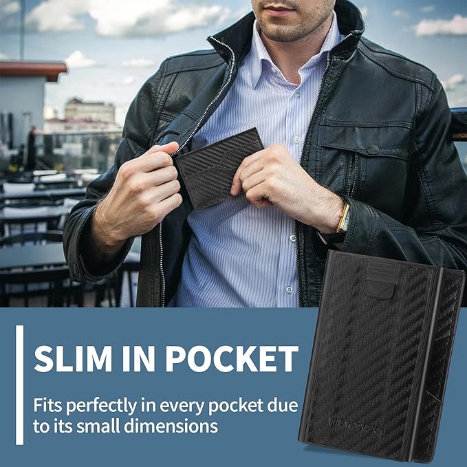 Mens slim Wallet,with RFID Shielding, Holds 9 Cards Easily, card wallet for Men, Minimalist Wallet For Men, Made of aluminum and Pu Synthetic Leather, Includes Cash clip (Carbon Black)