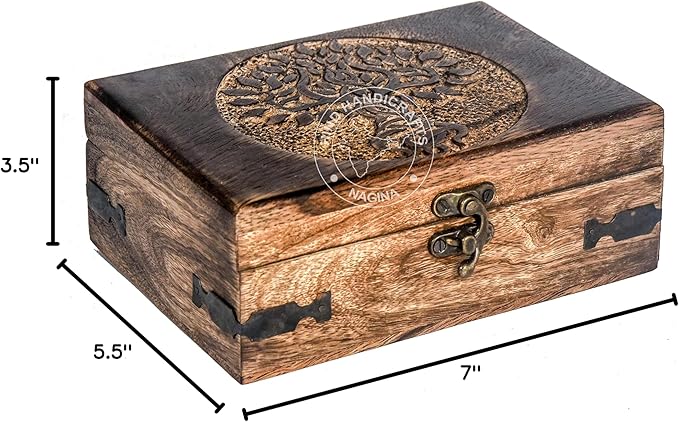 Antique Handmade Wooden Jewelry Box – Tree of Life Engraved Keepsake Storage Organizer – Handcarved Decorative Box for Women & Men – Vintage Home Décor Accent & Gift – 7" x 5.5" x 3.5"