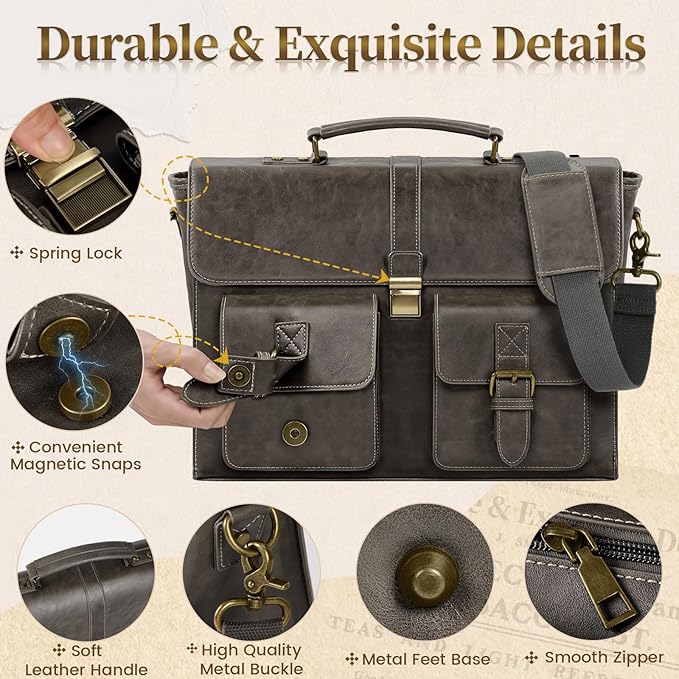RAINSMORE Mens Messenger Bag 15.6 Inch Leather Vintage Laptop Briefcase Waterproof Computer Laptop Bag Leather Satchel Bag Large Shoulder Bag for Office Work Travel College, Grey