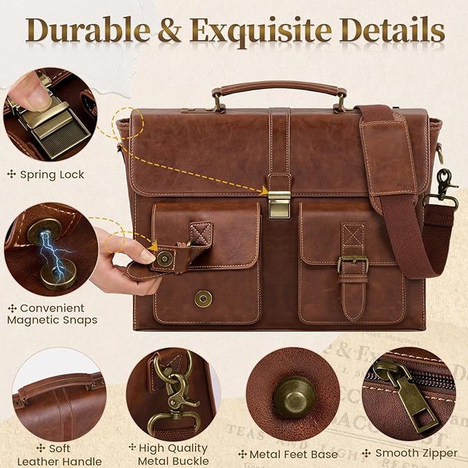 RAINSMORE Mens Messenger Bag 15.6 Inch Leather Vintage Laptop Briefcase Waterproof Computer Laptop Bag Leather Satchel Bag Large Shoulder Bag for Office Work Travel College, Brown