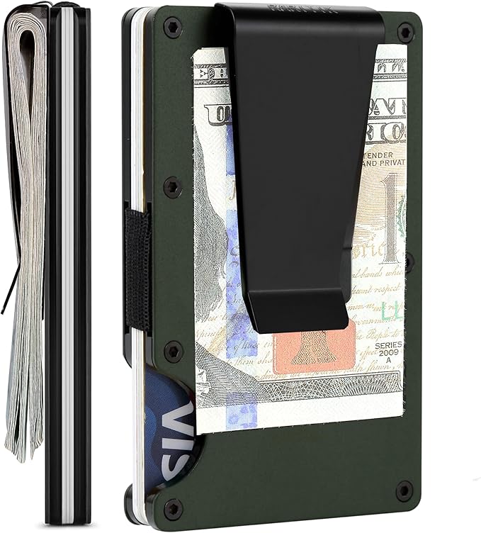 Minimalist Carbon Fiber Wallet for Men, Money Clip Cash Strap Wallet, RFID Blocking Metal Wallet Aluminum Card Holder,Front Pocket Wallet(Matte Green)