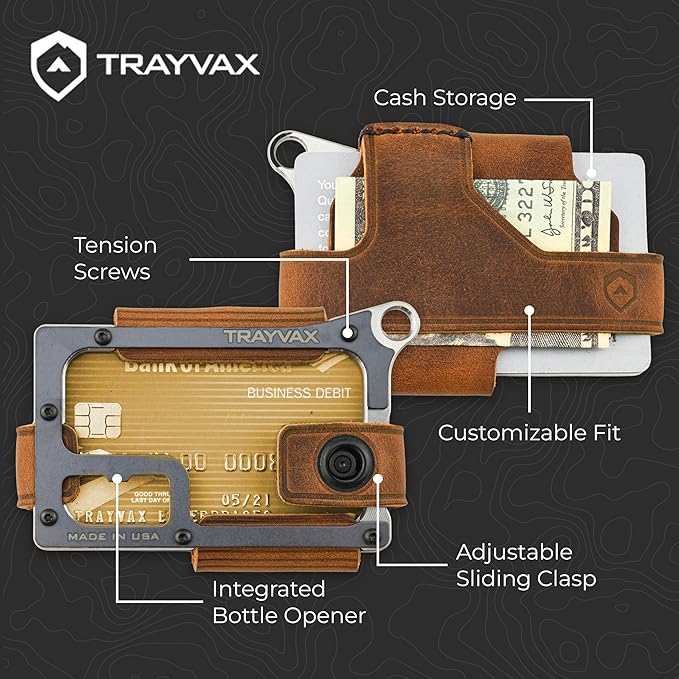 Trayvax Contour Wallet, RFID Front Pocket Money and Credit Card Holder, Minimalist Slim Leather Metal Wallet for Men and Women, Raw Tobacco Brown
