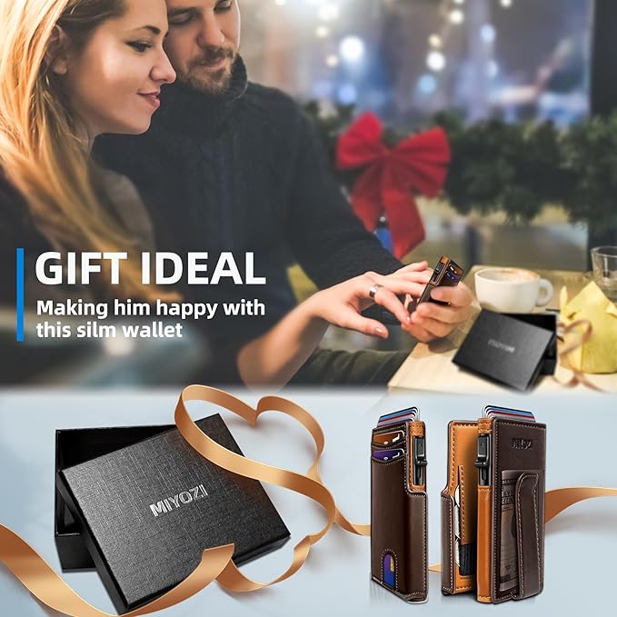 miyozi Wallet for Men, Magnetic Minimalist Slim Wallet with Pop Up Card Holder, 9 Cards RFID Blocking Metal Credit Card Case, Leather Wrapped Money Clip, ID Window & Small Item Slot, Gift Boxed