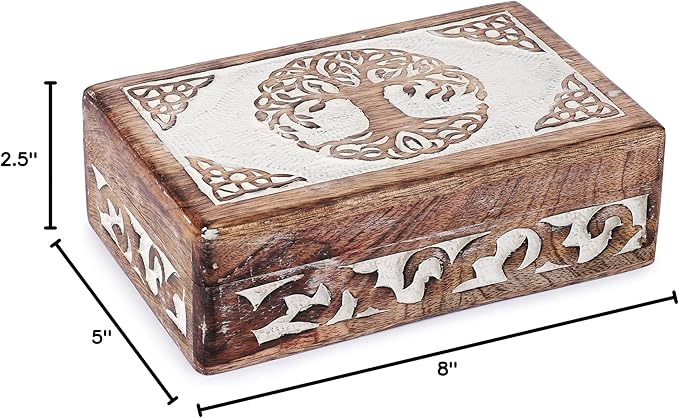 Ajuny Tree of Life Wooden Jewelry Box for Women & Men – Hand Carved Wooden Keepsake Box, Decorative Trinket Box Wood Treasure Chest Vintage Memory Storage Box Gift - 8X5 Inch