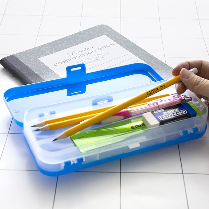 BAZIC PRODUCTS Plastic Pencil Case, Double Deck Utility Storage Box, Multi Purpose Organizer & Supply Holder, Transparent Box Design, Assorted Color, Ideal for School, Office & Craft Use, 144-Packs