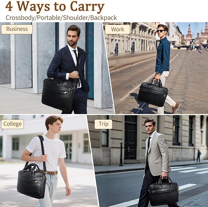Stuery Faux Leather Messenger Bag for Men 15.6 Inch: Laptop Bag Briefcase Computer Handbags Shoulder Crossbody Bag with Padded Laptop Sleeve for Work College Travel, PU Black