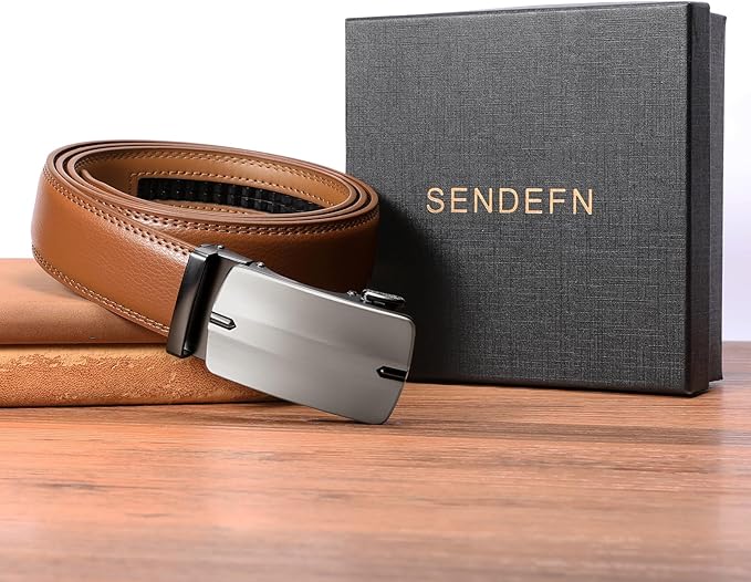 SENDEFN Men's Leather Belt Automatic Ratchet Buckle Slide Belt for Dress Casual Trim to Fit with Gift Box
