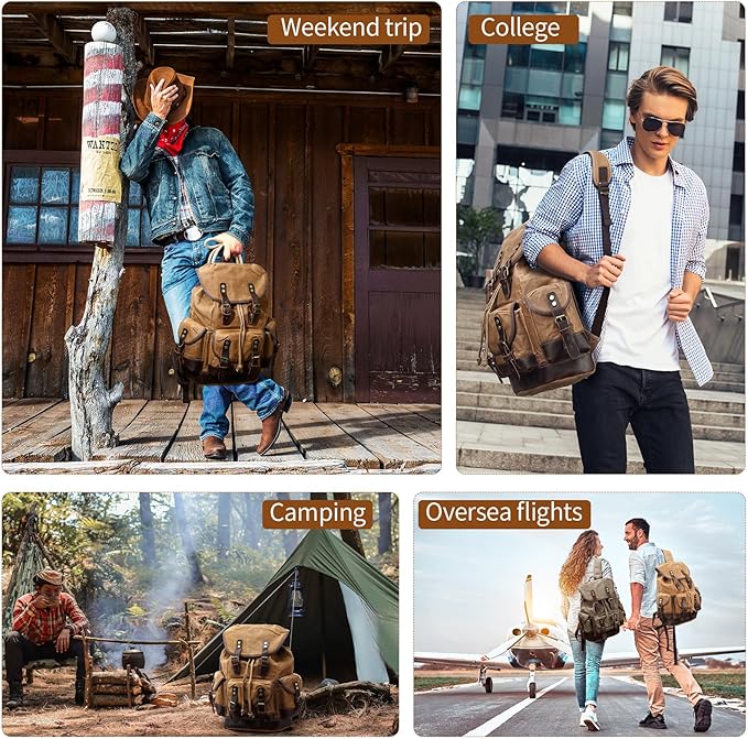 Wogarl Leather Backpack for Men, Waxed Canvas Vintage Backpack Rucksack for Business College Travel Hiking Shoulder Daypacks With Toiletry Bag(Khaki)