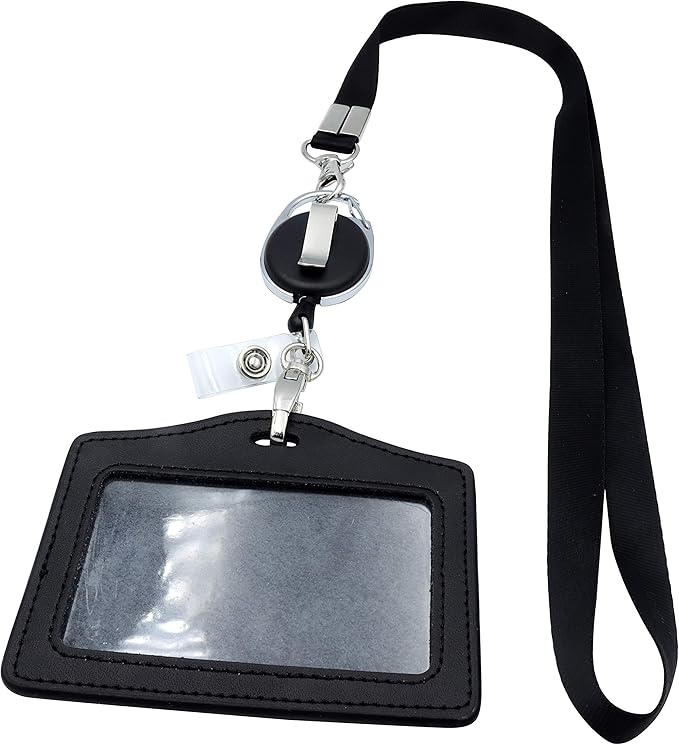 ID Card Case + Lanyard + Badge Holder Retractable Reel Carabiner and Plastic Clip (Genuine Leather Horizontal Black)