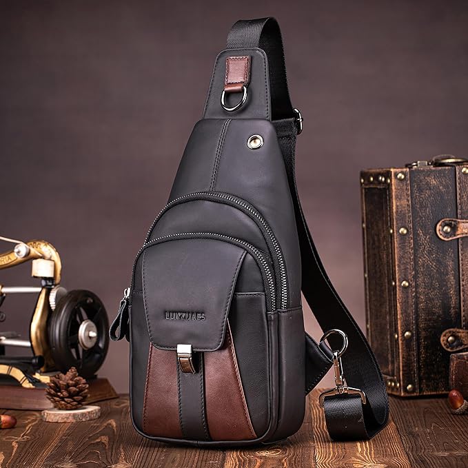 LUKZIJAES Genuine Leather Sling Bag for Men Contrast Color Vintage Crossbody Bag Men Chest Pack Mens Cross Shoulder Bags Hiking Daypacks Travel Backpack (#2-Black)
