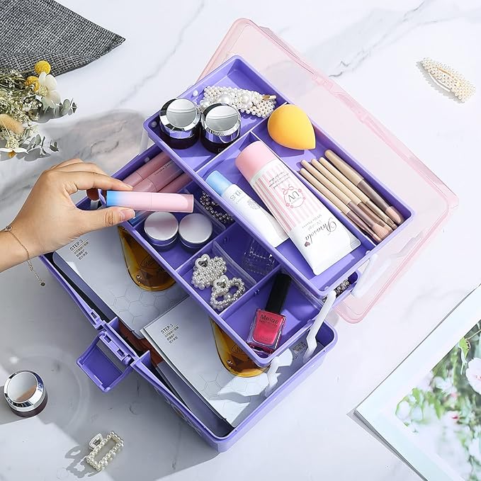 Kinsorcai 12'' Three-Layer Clear Plastic Storage Box/Tool Box, Multipurpose Organizer and Portable Handled Storage Case for Art Craft and Cosmetic (Purple)