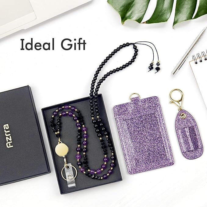 Azrra Lanyards for ID Badges and Keys, Natural Stone Beaded Teacher Lanyard with Bling ID Badge Holder and Pen Holder, Cute Retractable Badge Lanyard for Women (Purple)