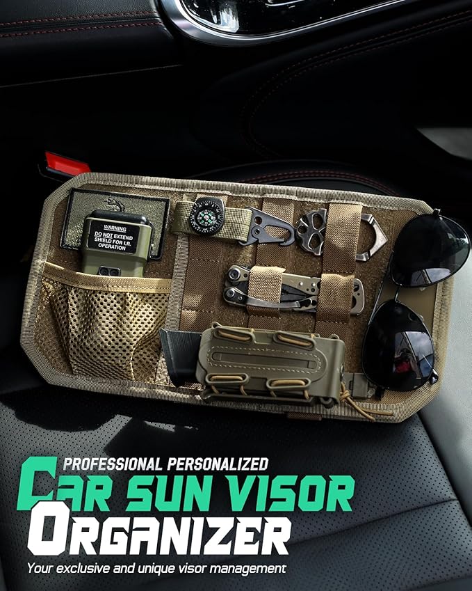 LIVANS Tactical Car Sun Visor Organizer, Auto Accessories Semi-Rigid Molle Panel with Zipper Storage Pouch & Glasses Holder, Gift for Car Gear, Fit Cars, Trucks, Suvs, Jeeps & Patrols (Khaki)
