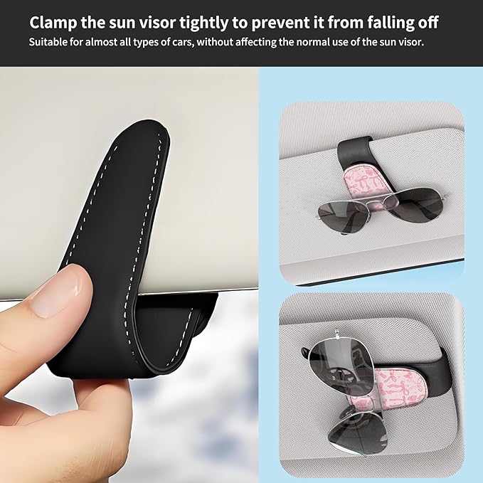 Sunglasses Holder for Car Visor, PU Leather Glasses Clip Organizer, Cute Magnetic Eyeglass Holder for Vehicle Sun Visor, Car Interior Accessory for Women & Men Pink Ribbon Pattern