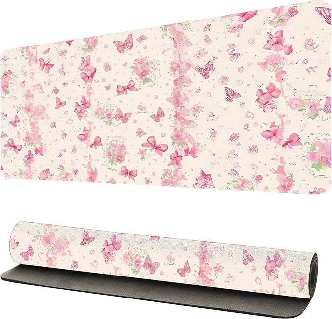 Butterfly Theme Desk Mat for Women, Large PU Leather Desk Pad with Non-Slip Base, Romantic Office Keyboard Mat for Gaming & Home Work, Enchanting Gift Idea(27.56 * 13.78in)