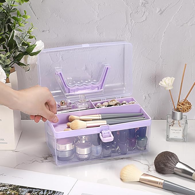 BTSKY Multipurpose Plastic Craft Storage Containers with Removable Tray, Clear Plastic Storage Box with Lid & Handle, Easy Carry & Stack Small Storage Container, 8.5x5x4.9 Inch, Rectangle-Purple