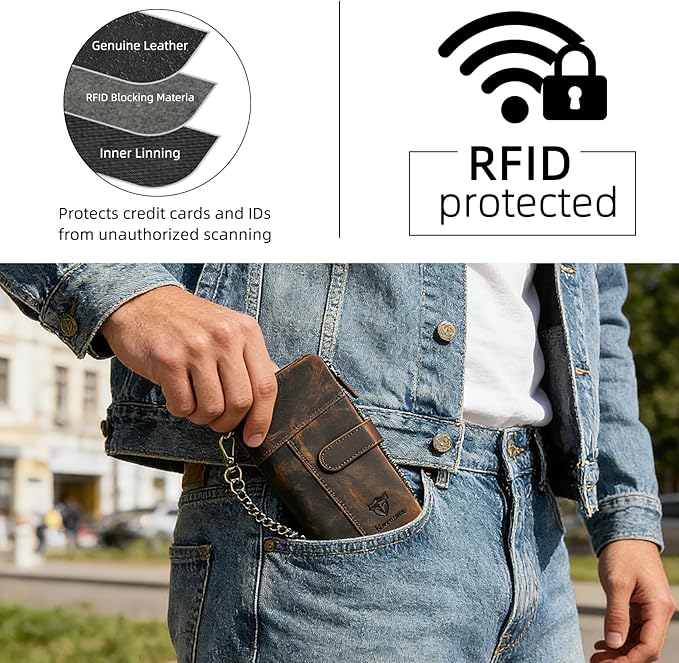 Genuine Crazy Horse Leather Travel Gift Coin Pocket Card Case Long Organizer Chain Rfid Wallet Purse With Snap For Men Male 1803 1815 (1803B-Brown)