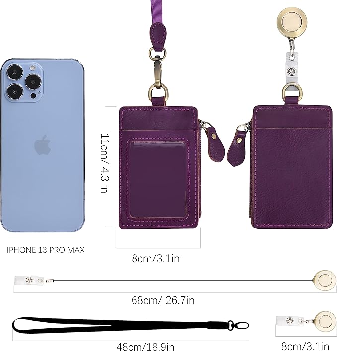 Wonderpool Leather ID Badge Holder with Zipper Wallet Pouch - Card Slots Case Detachable Neck Lanyard and Retractable Badge Reel for Office School Hospital Exhibition ID (Purple)
