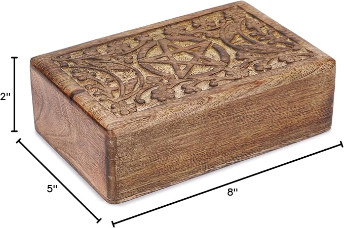 Ajuny Wooden Hand Carved Decorative Jewelry Box Moon Star Carvings Vintage Keepsake Storage Organizer Travel Treasure Chest Trinket Holder Case Great Gifts 8x5 Inch
