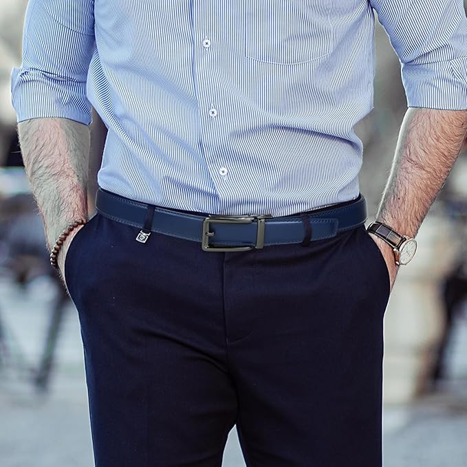 Founders & C Men's Leather Ratchet Comfort Click Belt Dress with Slide Buckle -Adjustable Trim to Fit
