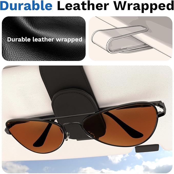 BFXM Sunglass Holder for Car, Sunglasses Holder Eyeglass Hanger Clip Magnetic Leather for Car Visor, Cars Sun Visor Ticket Card Clip, Car Visor Accessories(Black)
