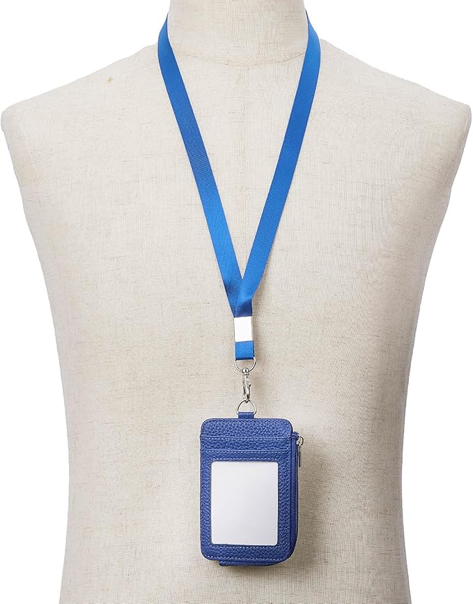 Badge Holder – Genuine Leather ID Badge Holder with Zipper Pocket and Nylon Lanyard – Perfect for Badges, Cards, and More