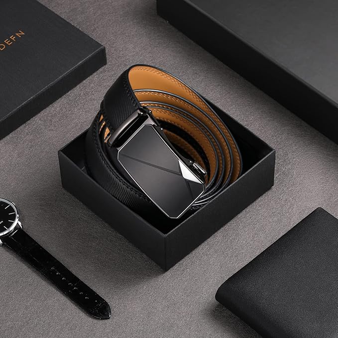 SENDEFN Leather Belt for Men Automatic Ratchet Buckle Slide Dress Casual Belts 1 3/8'' Wide Adjustable Trim to Fit(Black-20)
