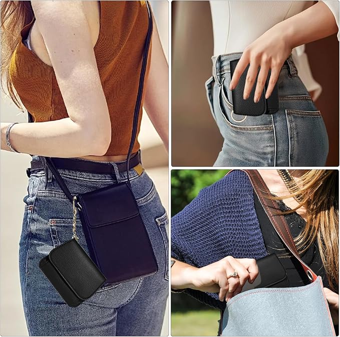 Women Small Wallet RFID Blocking Slim Wallet with Coin Pocket Tri-Fold Credit Card Holder with ID Window and Keychain (Black)