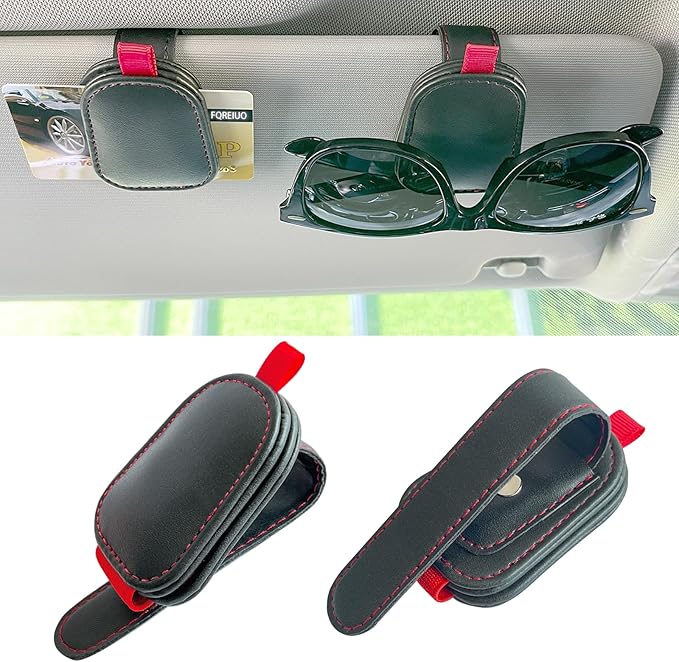 2 Pack Sunglasses Holder for Car Visor, Magnetic Leather Eyeglass Clip, Applicable to Most Eyeglasses,Ticket,Notes and Non-Magnetic Cards, etc. (Black)