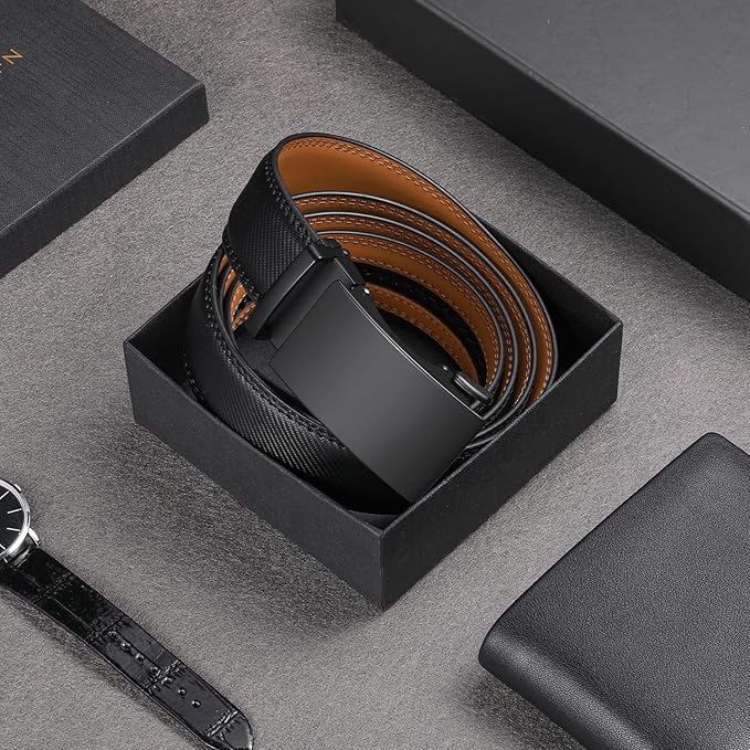 SENDEFN Men's Leather Belt Automatic Ratchet Buckle Slide Belt for Dress Casual Trim to Fit with Gift Box