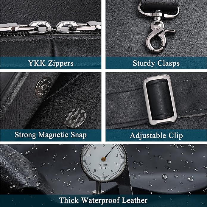 Masa Kawa Leather Briefcase for Men Slim 15.6" Laptop Bag Waterproof Crossbody Shoulder Messenger Computer Attache Case for Business Work, Black