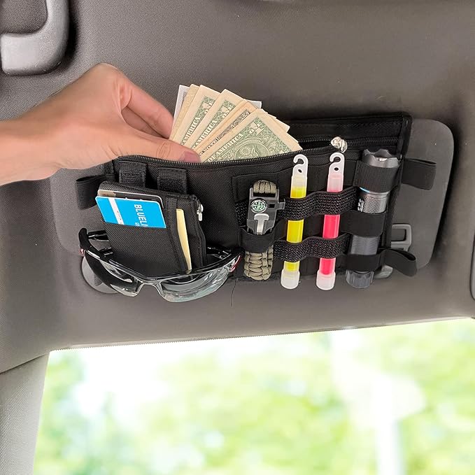 2 Pack Car Sun Visor Tactical Organizer Bag with Attachable ID Pouch,Molle Visor Panel Organizer with Zipper & Elastic Strap for Holding Sunglass Compatible with All Car