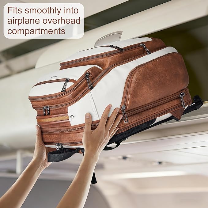 Vegan Leather Backpack, 40L Expandable, TSA Travel Backpack for Men and Women, Fits 17.0 Inch Notebook with USB Port and Luggage Strap, Beige