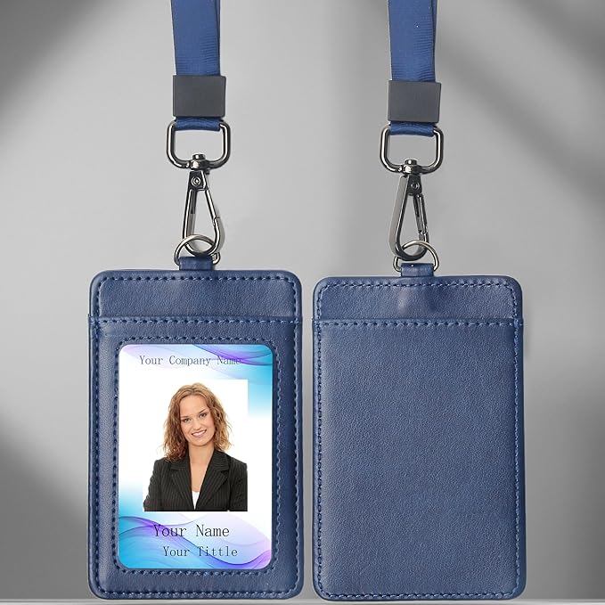 Leather Badge Holder with Adjustable Lanyards,Swivel Metal Clasp for Offices, Staff, Students, Employees (Blue)