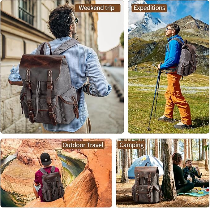 Wogarl Vintage Leather Canvas Backpack, Waxed Canvas Shoulder Rucksack with Toiletry Shoulder Rucksack for Traveling, Camping, Hiking,Business College Fits 17inch Laptop,Grey