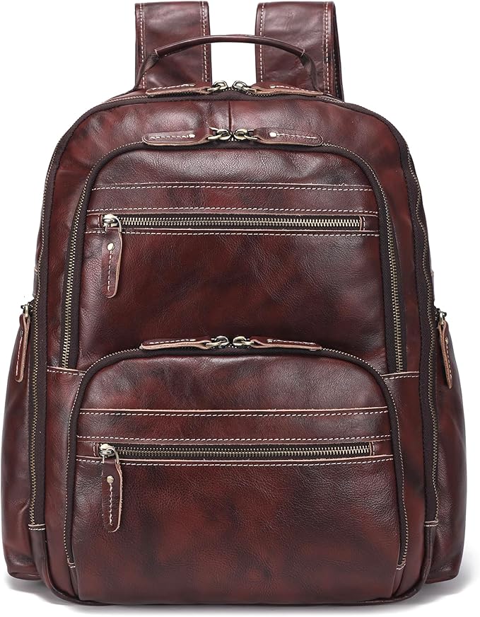 LANNSYNE Vintage Full Grain Leather Backpack For Men, 17.3'' Laptop Bag Causal Rucksack Shoulder Bag Overnight For Business/Hiking/Travel