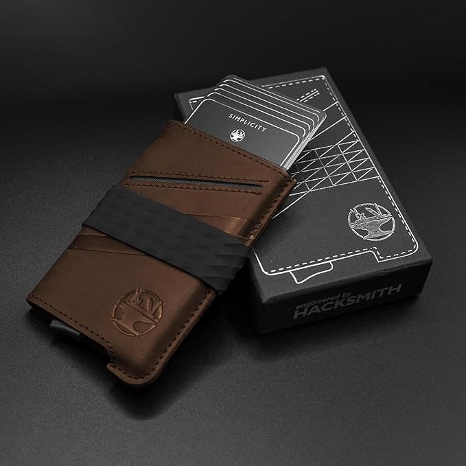 Hacksmith The Smith Wallet – Slim RFID Blocking Wallet for Men – Minimalist Front Pocket Wallet with Money Clip Band – Tactical Leather and Metal Wallets for Credit Cards & Cash (Cognac)
