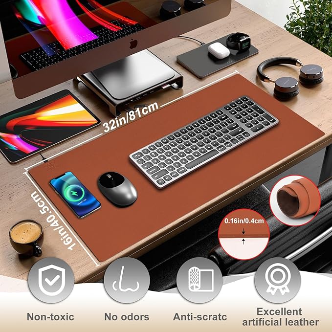 Desk Mat with Wireless Charging, Brown Mouse Pad with Wireless Charger, Desk Pad Matt for Desktop, Mousepad Gaming Large Mouse Pad, Leather Compute for Keyboard and Mouse, 32" x 16"
